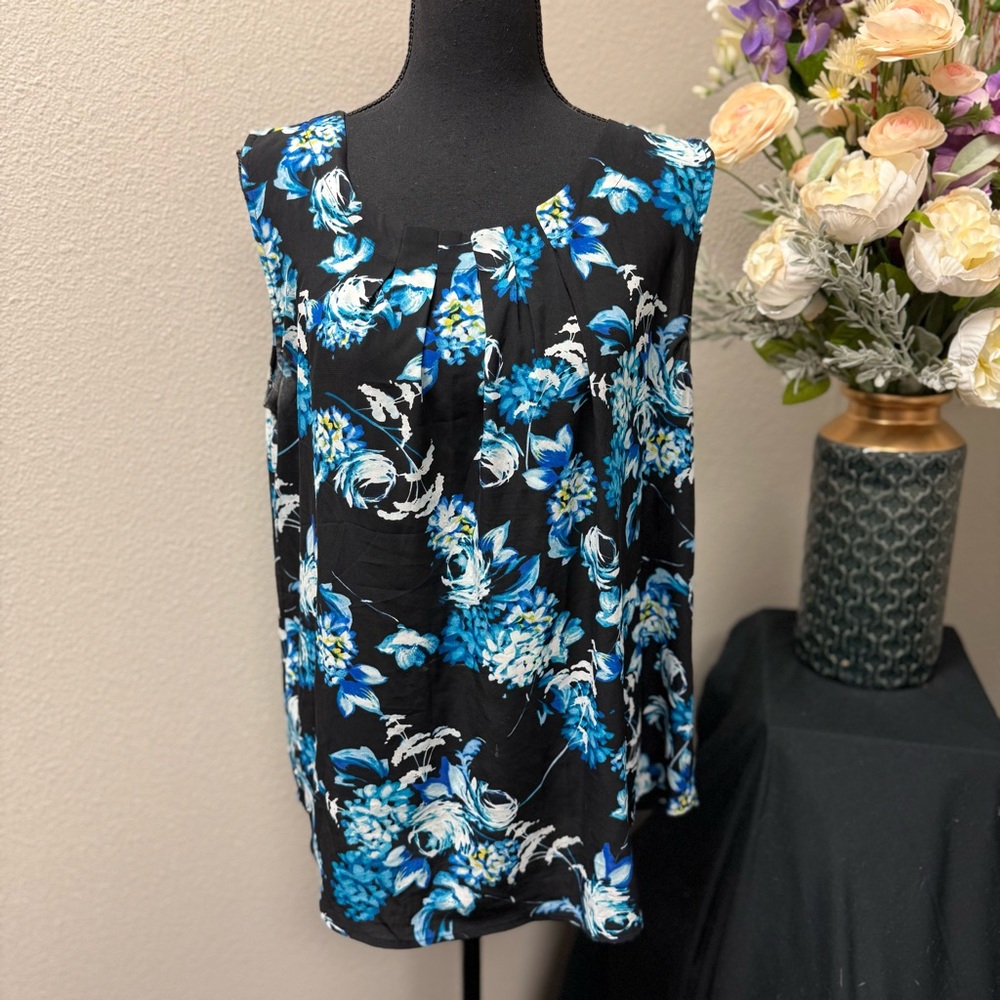 Calvin Klein Blue Floral Sleeveless Blouse Black XL Office Casual Tank Top